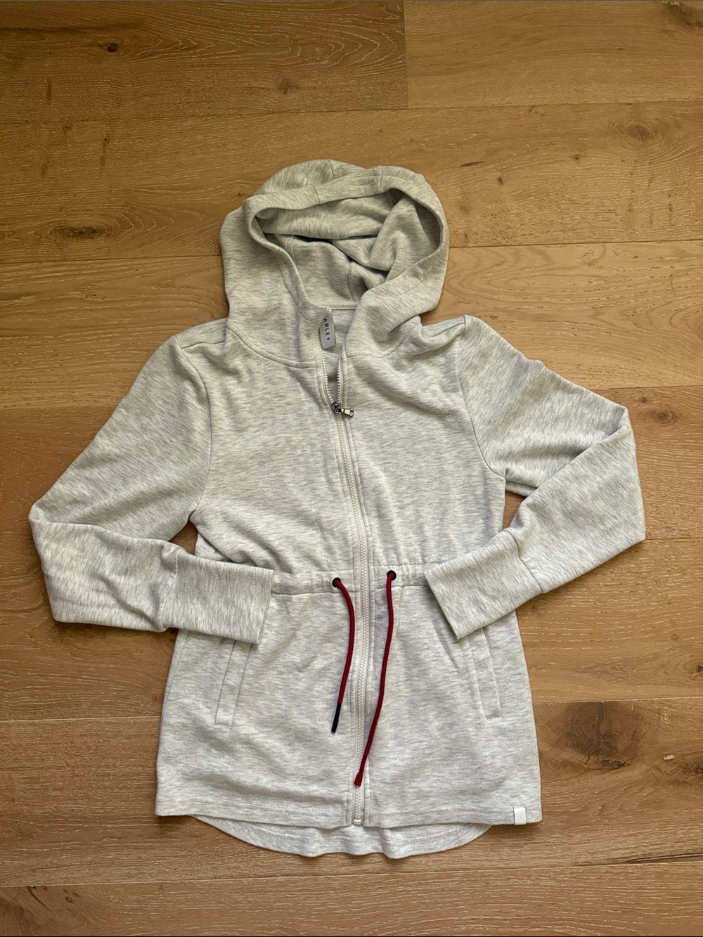 Varley Light Heather Gray Zip Hoodie with Burgundy Drawcords